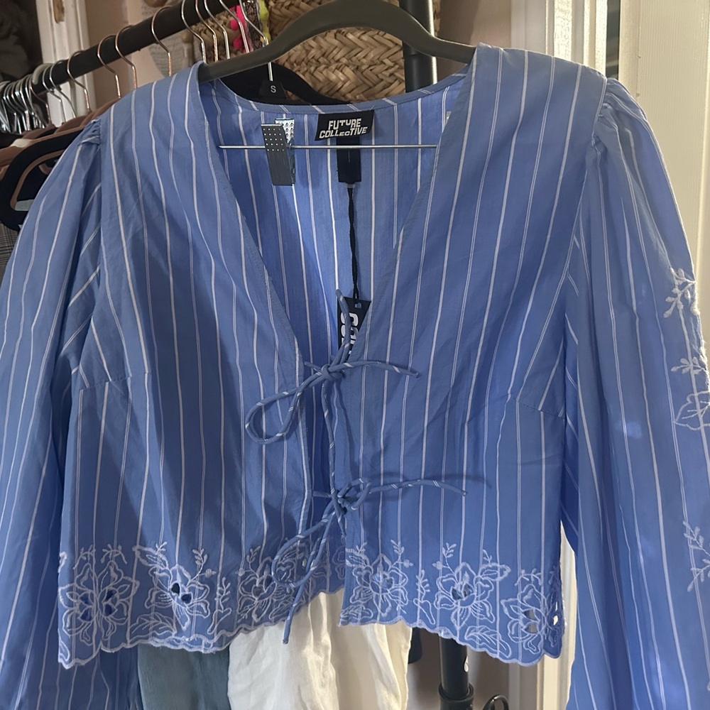 Blue Striped Blouse with Embroidery